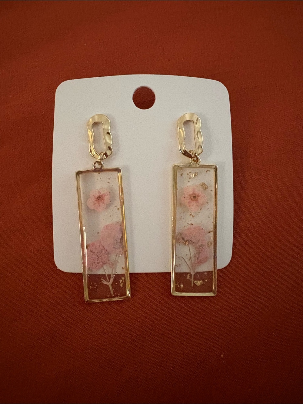 Gold Rectangular Dangle Earrings with Pink Floral Inlay